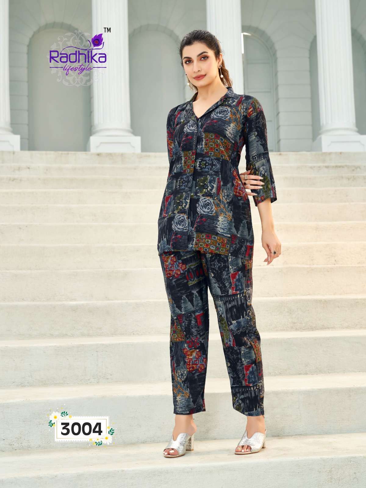 CORD VOL 3 MUSLIN PRINT WITH SWAROSKI WORK DESIGNER CO ORD SET BY RADHIKA LIFESTYLE BRAND 3004